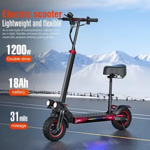 11" Off-Road Electric Scooter with Seat,1200W Motor,34MPH Speed Fast,48v 18ah &31Miles Long Range Electric Scooters for Commuting,Electric Scooter for Adults, Dual Brake&Foldable E-Scooter