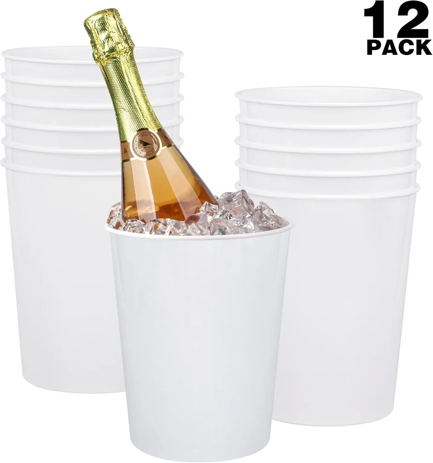 12 Pack Ice Buckets for Parties, Plastic Wine Cooler for Champagne, Beverage, Soda and Beer, Classic Wine Bottle Chiller for Wedding, Versatile Buckets as Vase, Flower Pot or Trash Bin, White
