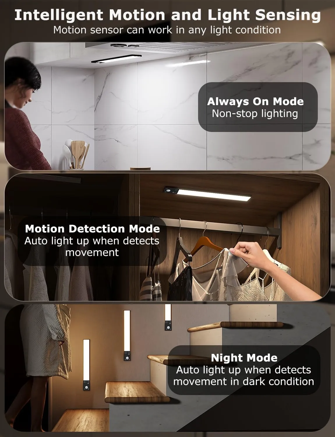12" Ultra-Thin Under Cabinet Lighting Wireless, Aluminum Alloy Under Counter Lights for Kitchen, 3-Color-Temps Magnetic Closet Lights, Rechargeable Motion Sensor Light Indoor (6Pack, Black)