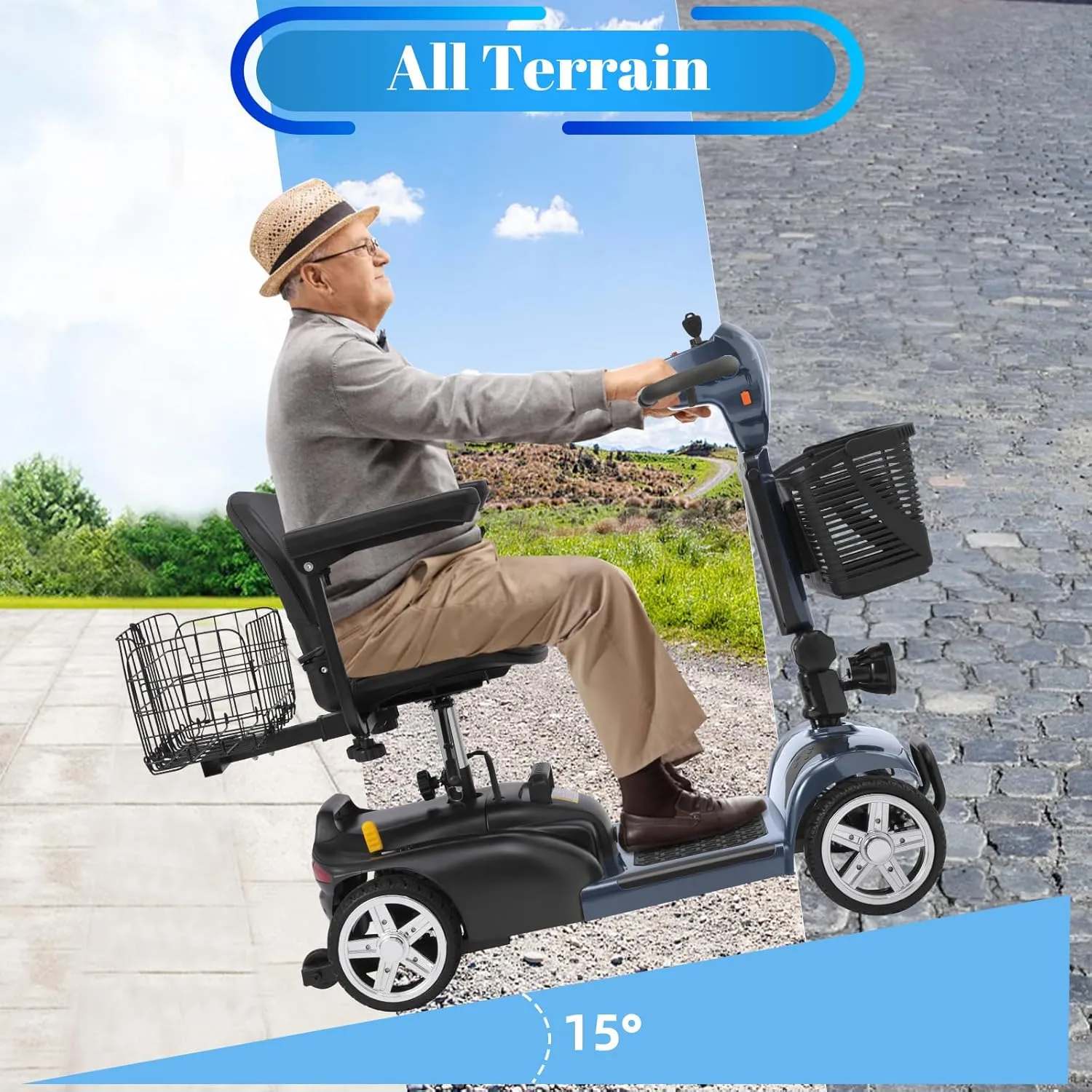 15-45 Miles Ecomobi MS02 4 Wheels Mobility Scooter for Adults/Seniors, 350W Electric Wheelchair Device w/15Ah-25Ah Extended Battery, Dual Baskets, Compact Duty Mobile for Elderly(FSA/HSA Eligible)