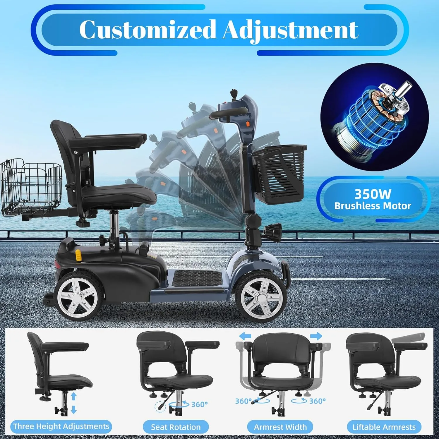 15-45 Miles Ecomobi MS02 4 Wheels Mobility Scooter for Adults/Seniors, 350W Electric Wheelchair Device w/15Ah-25Ah Extended Battery, Dual Baskets, Compact Duty Mobile for Elderly(FSA/HSA Eligible)