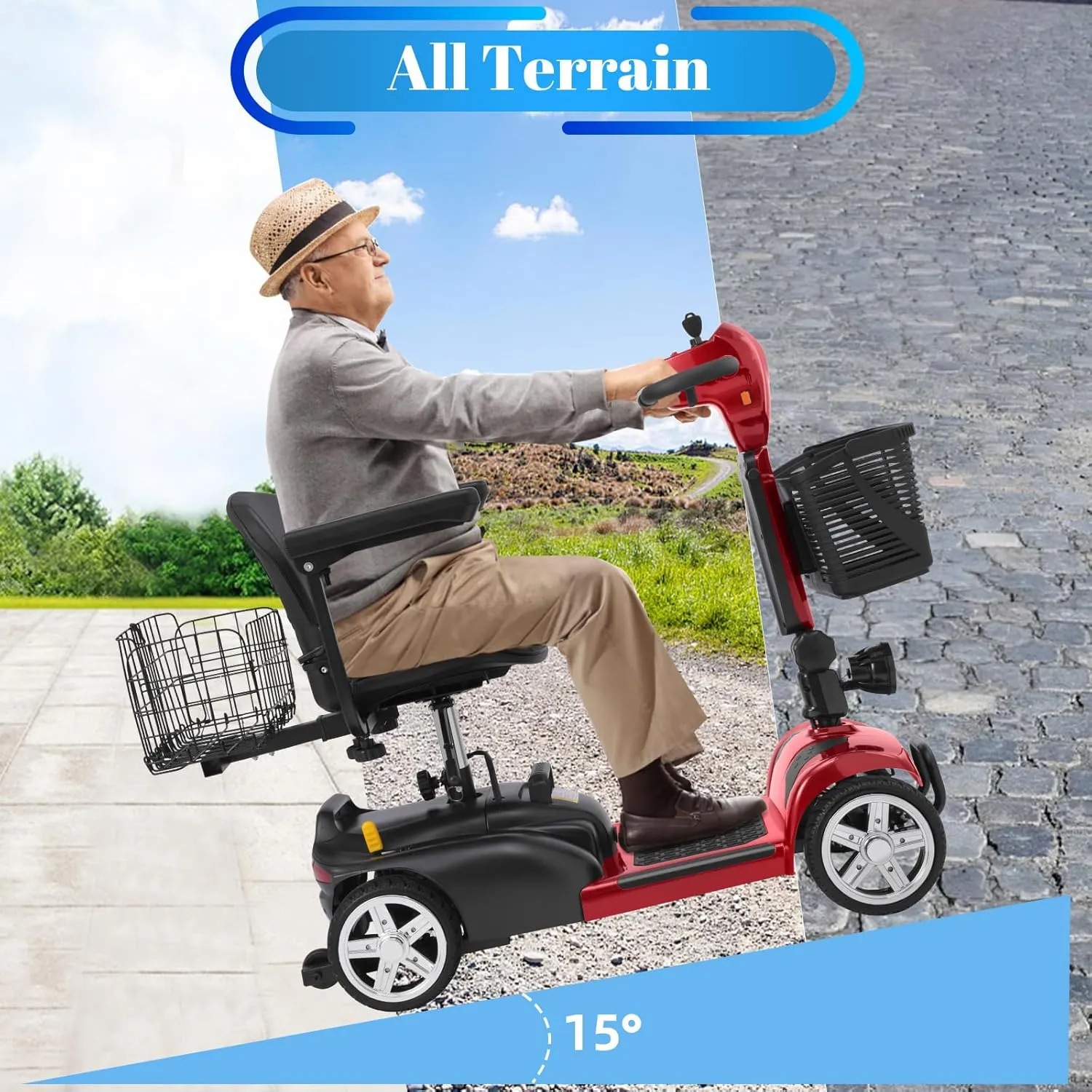 15-45 Miles Ecomobi MS02 4 Wheels Mobility Scooter for Adults/Seniors, 350W Electric Wheelchair Device w/15Ah-25Ah Extended Battery, Dual Baskets, Compact Duty Mobile for Elderly(FSA/HSA Eligible)