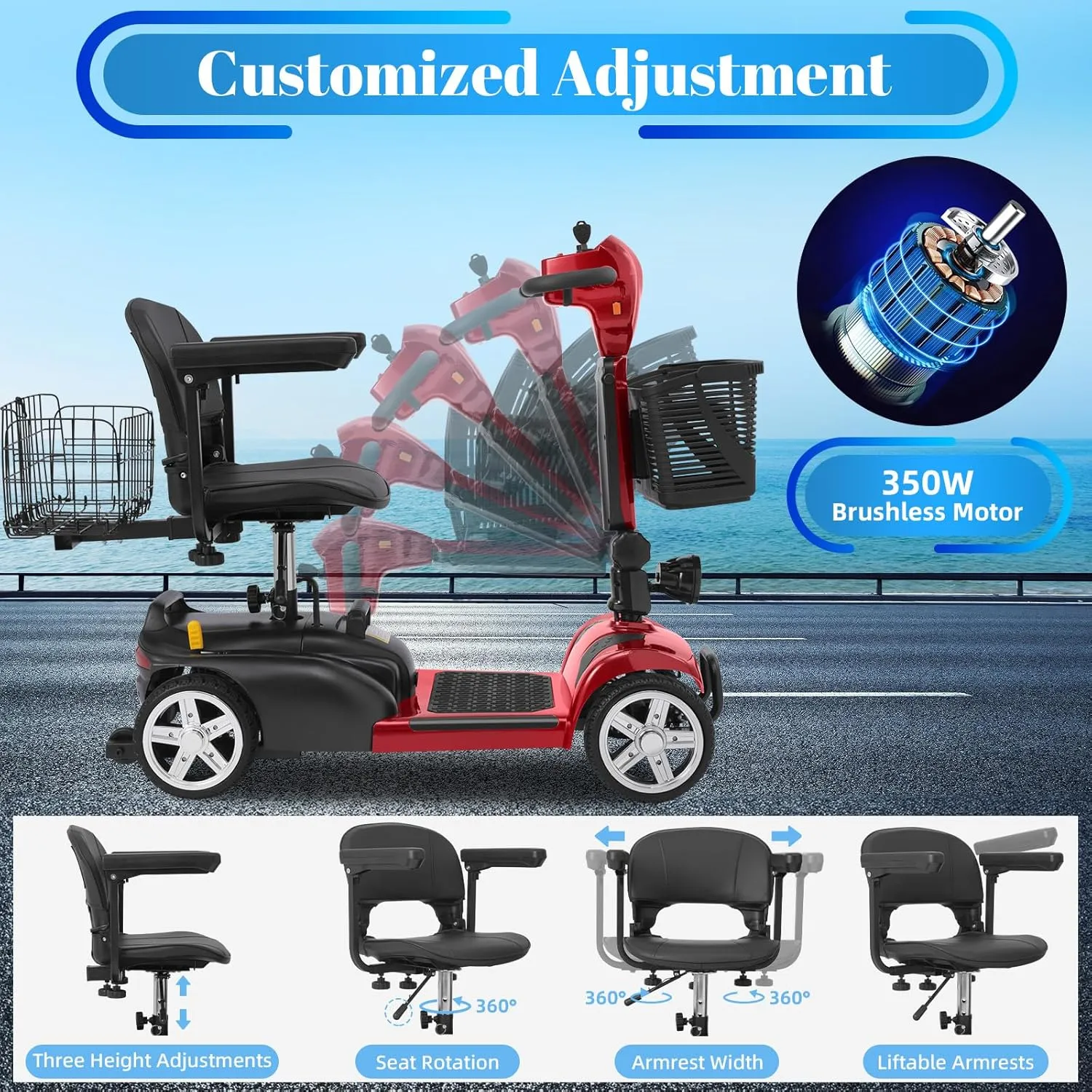 15-45 Miles Ecomobi MS02 4 Wheels Mobility Scooter for Adults/Seniors, 350W Electric Wheelchair Device w/15Ah-25Ah Extended Battery, Dual Baskets, Compact Duty Mobile for Elderly(FSA/HSA Eligible)