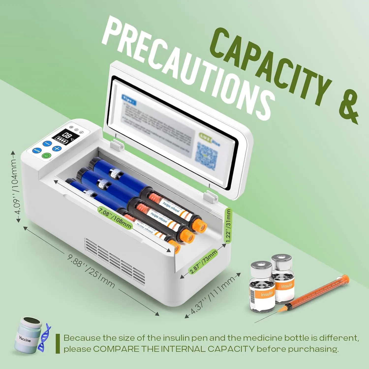 16H Insulin Cooler Travel Box 7.08 * 2.87 * 1.22’’ Capacity, 3-5 Pen Diabetic Medicine Portable Box, 35.6-68℉ Precise Temperature Control with Car Charger&USB (110V White, with 2 Battery)