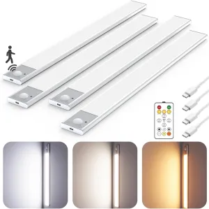 16" Ultra-Thin Under Cabinet Lighting Wireless, Aluminum Alloy Under Counter Lights for Kitchen, 3-Color-Temps Magnetic Closet Lights, Rechargeable Motion Sensor Light Indoor (4Pack, Silver)