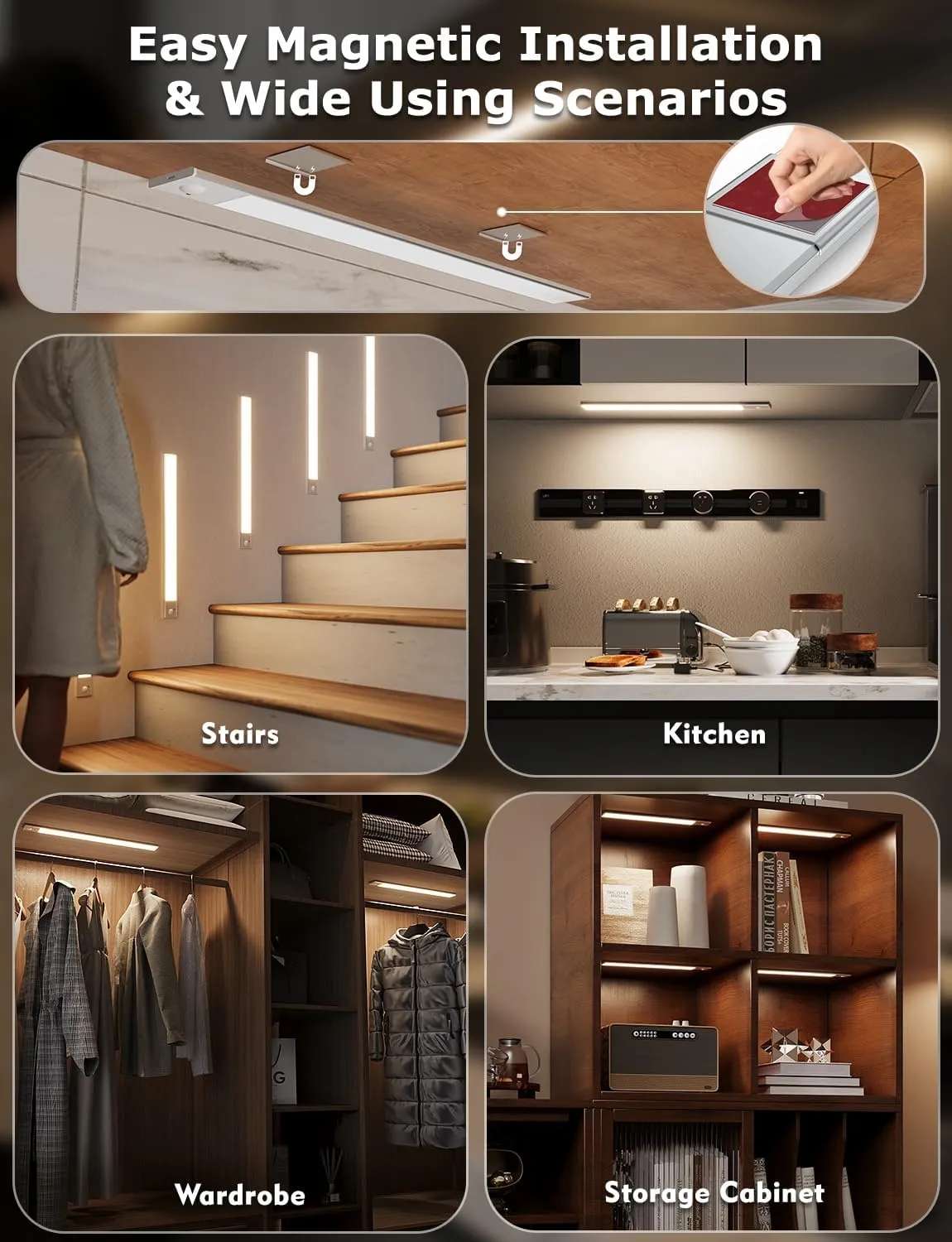16" Ultra-Thin Under Cabinet Lighting Wireless, Aluminum Alloy Under Counter Lights for Kitchen, 3-Color-Temps Magnetic Closet Lights, Rechargeable Motion Sensor Light Indoor (4Pack, Silver)