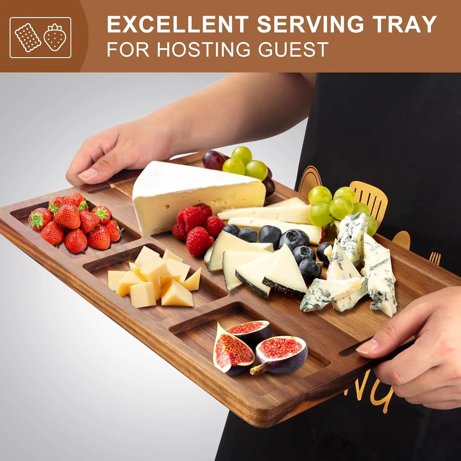 17" Acacia Wood Charcuterie Boards Large Wooden Cutting Board for Kitchen Countertop Decor Gift Cheese Boards with Sections Meats Charcuterie Platter Food Serving Tray Fruit Chopping Block