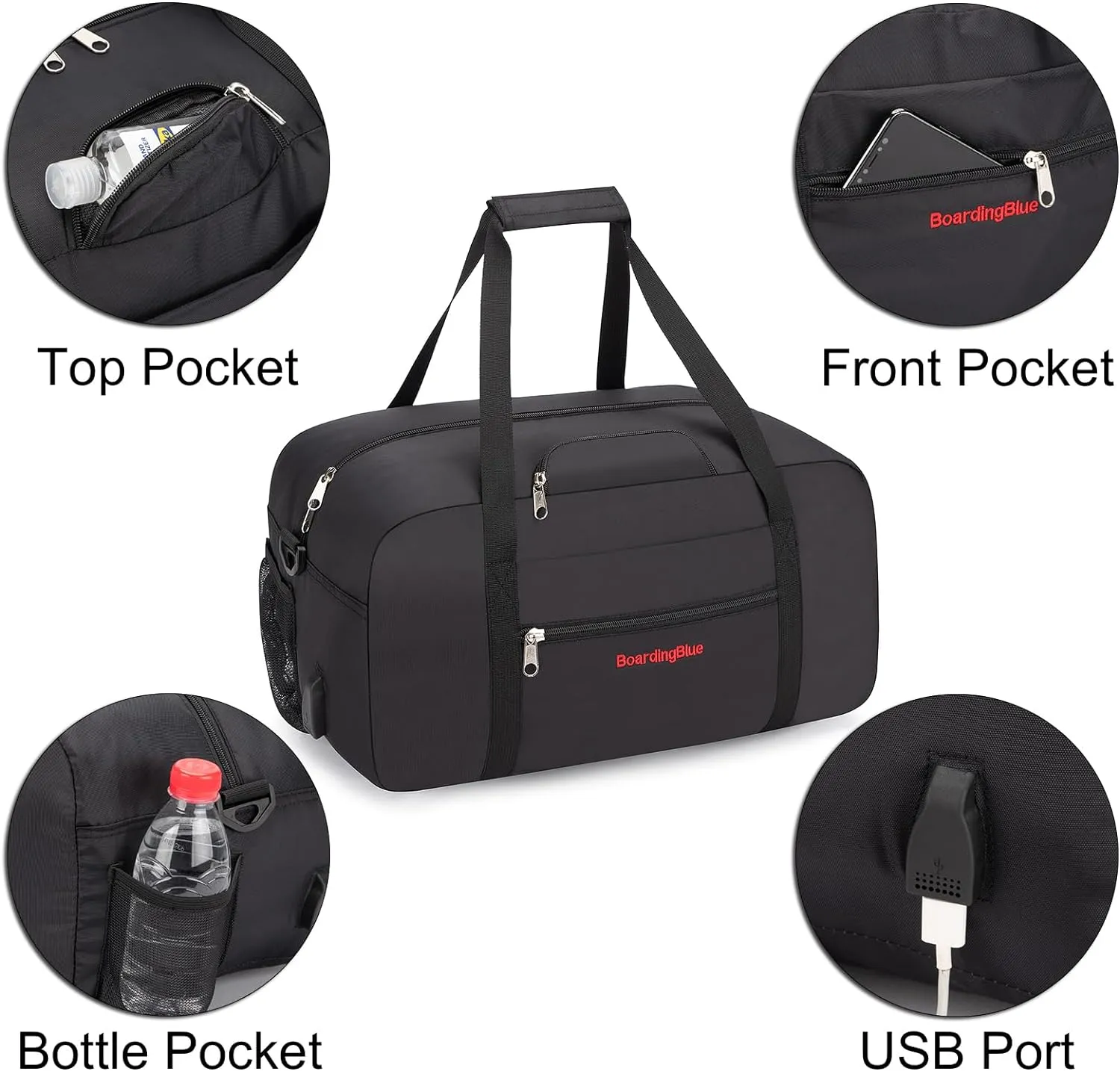 17x10x9 United Airline Personal Item Under Seat Duffel Bag With Free Pillow And USB Port (Black)