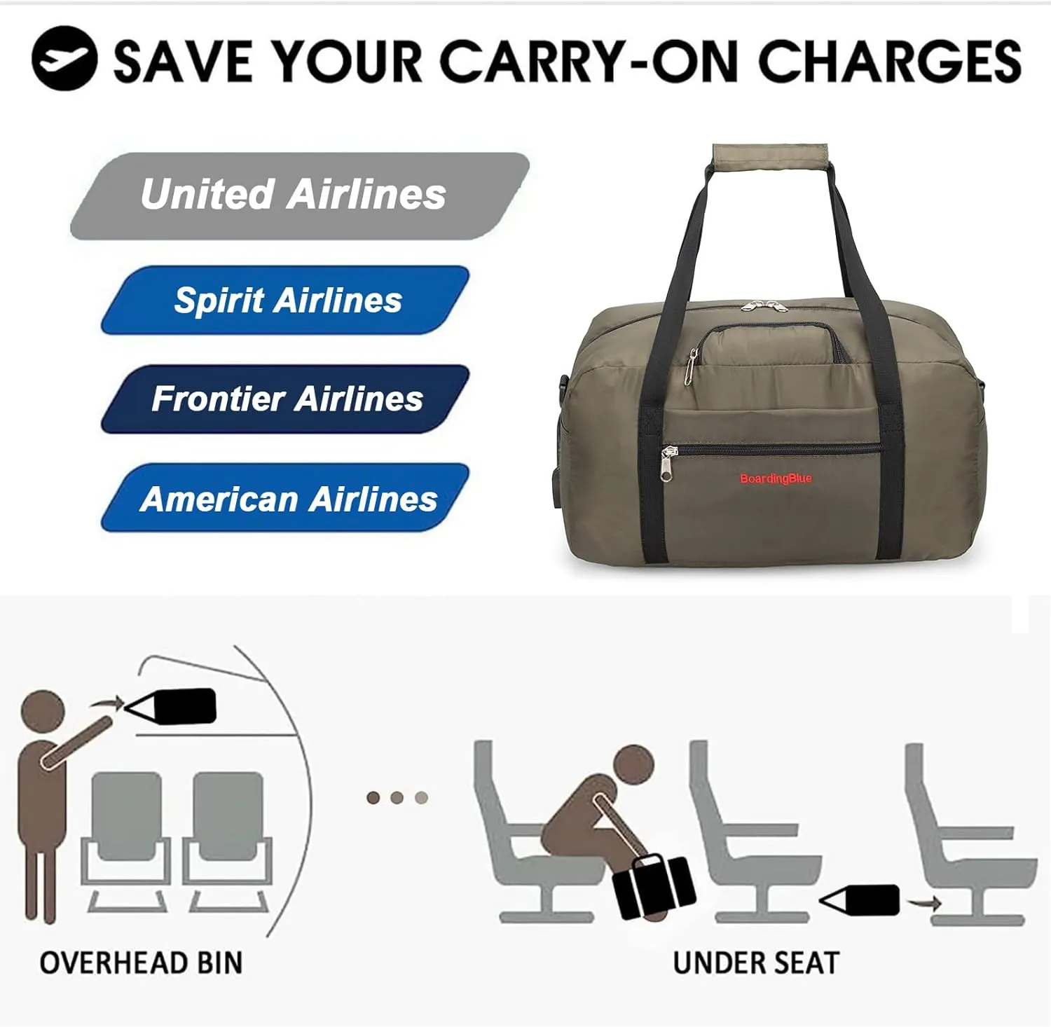 17x10x9 United Airline Personal Item Under Seat Duffel Bag With Free Pillow And USB Port (H Green)