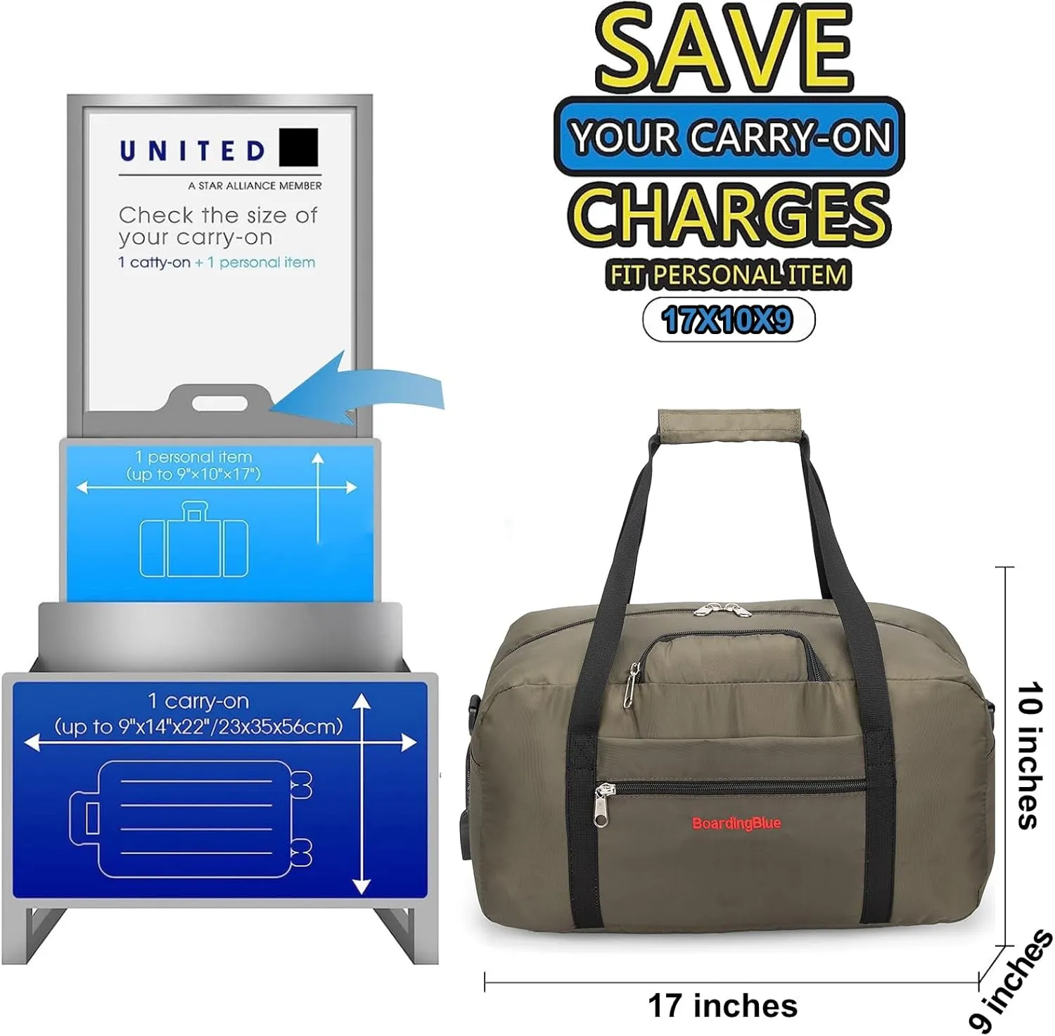 17x10x9 United Airline Personal Item Under Seat Duffel Bag With Free Pillow And USB Port (H Green)