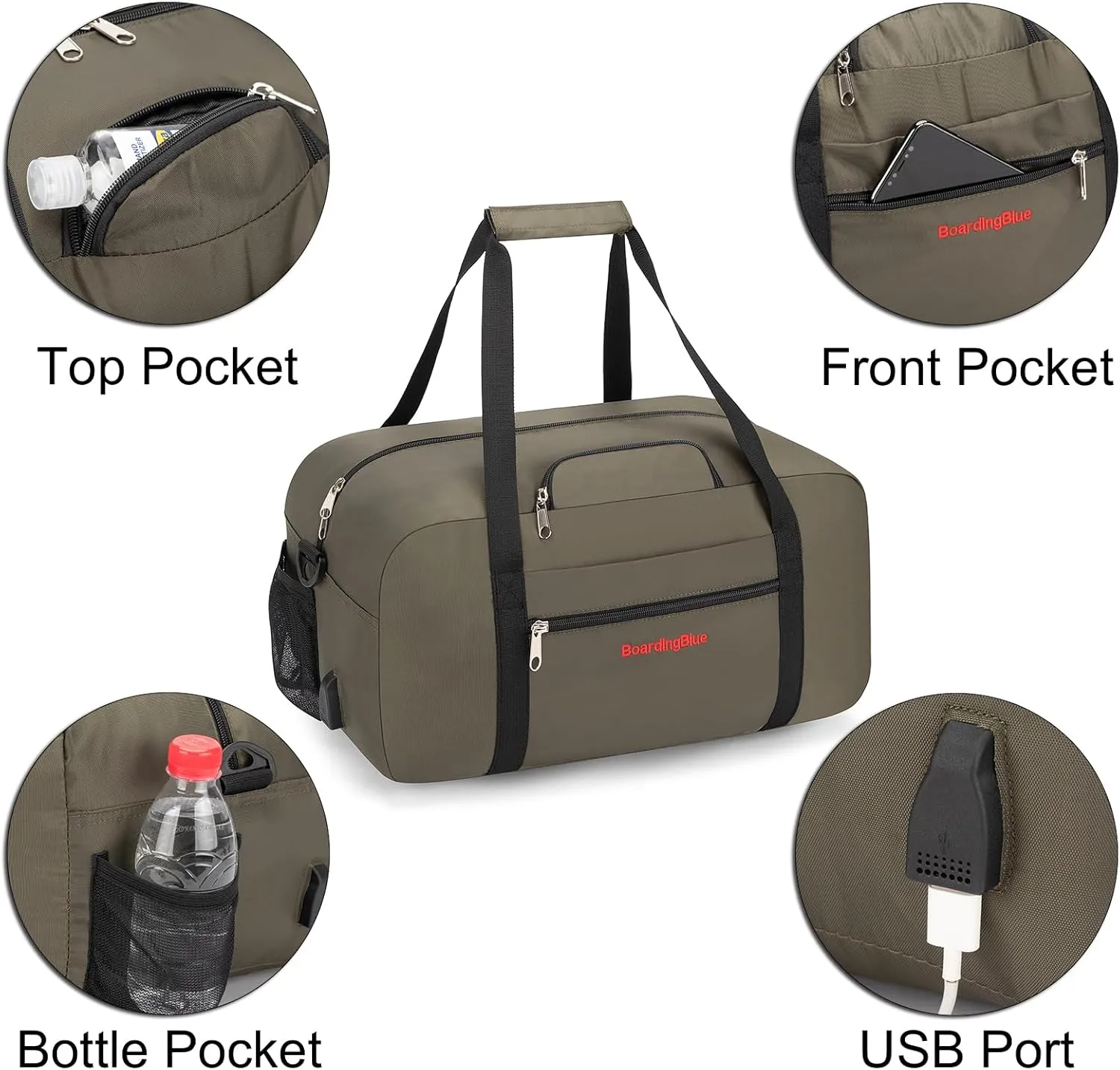 17x10x9 United Airline Personal Item Under Seat Duffel Bag With Free Pillow And USB Port (H Green)