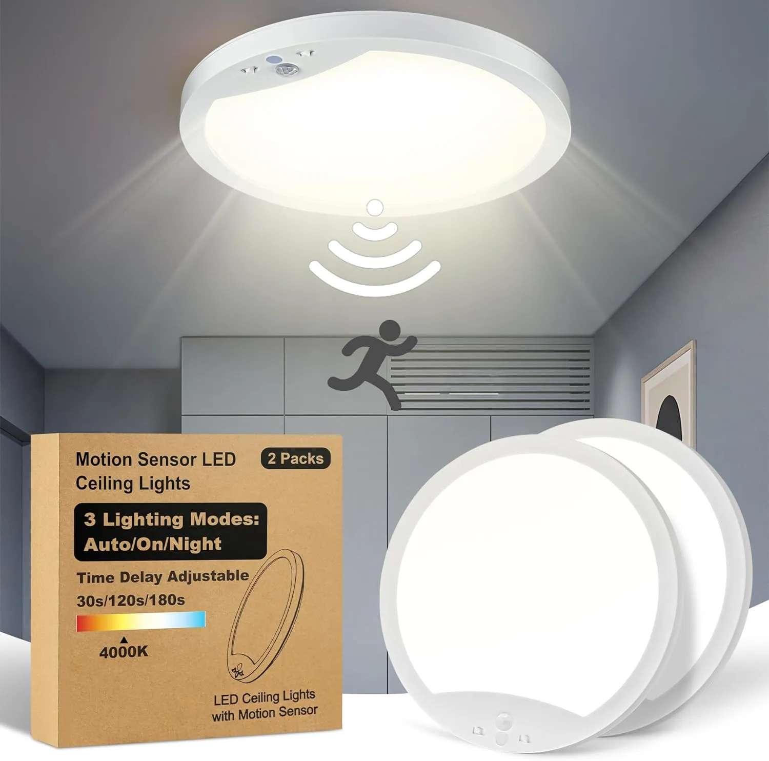 2-Pack 20W Motion Sensor Ceiling Lights Hard-Wired, 9Inch Indoor Motion Activated LED Ceiling Light Fixtures with 3 Modes, 4000K Flush Mount Lights for Closet Stairwell Hallway, NOT Battery Operated