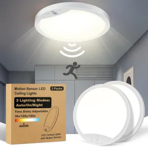 2-Pack 20W Motion Sensor Ceiling Lights Hard-Wired, 9Inch Indoor Motion Activated LED Ceiling Light Fixtures with 3 Modes, 4000K Flush Mount Lights for Closet Stairwell Hallway, NOT Battery Operated