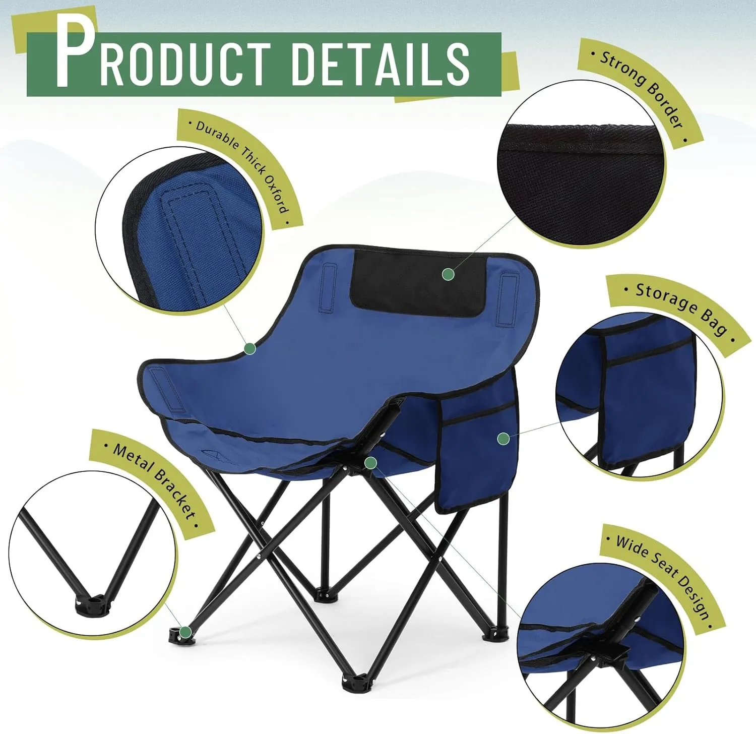 2 Pack Compact Camping Chairs Portable Folding for Outside with Carry Bag Lightweight Moon Chairs for Travel Picnic Hiking Beach Fishing, 600D Oxford, Supports 330lbs(Blue, Black)