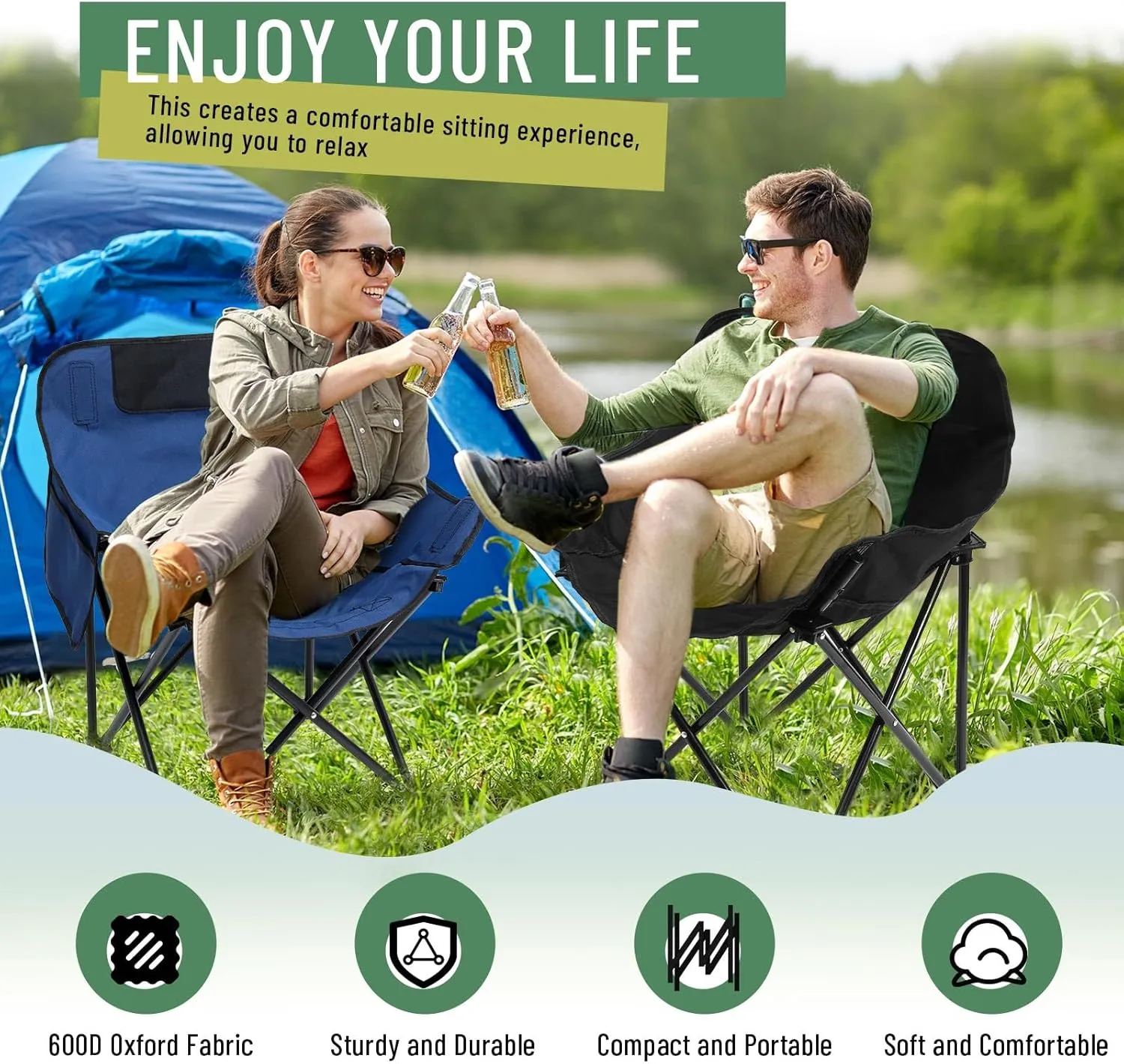 2 Pack Compact Camping Chairs Portable Folding for Outside with Carry Bag Lightweight Moon Chairs for Travel Picnic Hiking Beach Fishing, 600D Oxford, Supports 330lbs(Blue, Black)