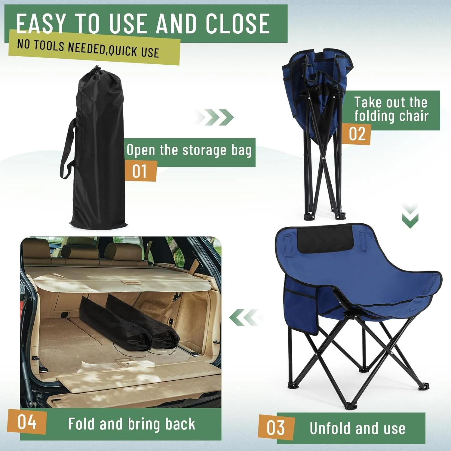 2 Pack Compact Camping Chairs Portable Folding for Outside with Carry Bag Lightweight Moon Chairs for Travel Picnic Hiking Beach Fishing, 600D Oxford, Supports 330lbs(Blue, Black)