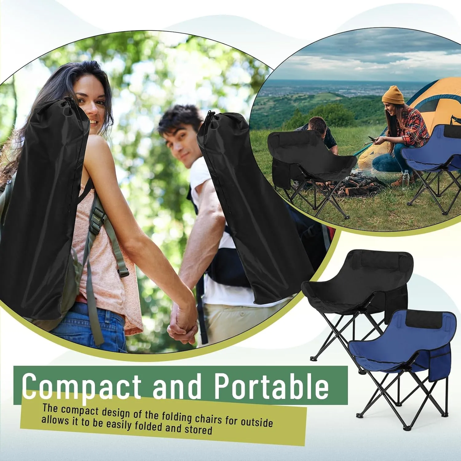 2 Pack Compact Camping Chairs Portable Folding for Outside with Carry Bag Lightweight Moon Chairs for Travel Picnic Hiking Beach Fishing, 600D Oxford, Supports 330lbs(Blue, Black)
