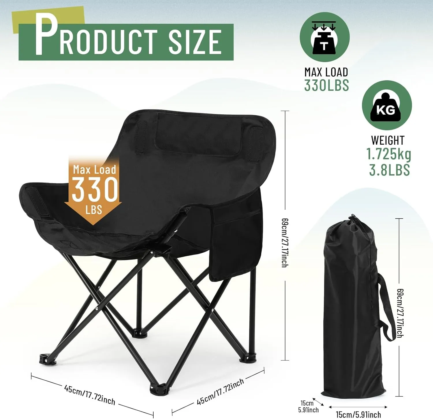 2 Pack Compact Camping Chairs Portable Folding for Outside with Carry Bag Lightweight Moon Chairs for Travel Picnic Hiking Beach Fishing, 600D Oxford, Supports 330lbs(Blue, Black)