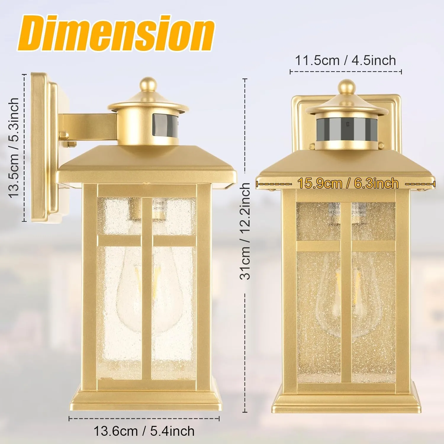 2-Pack Gold Exterior Motion Wall Sconces, Outdoor Waterproof Wall Light Fixtures Wall Mount, Dusk to Dawn Outside Lights for House with E26 Socket, Outside Lighting for Doorway, Garden, Home