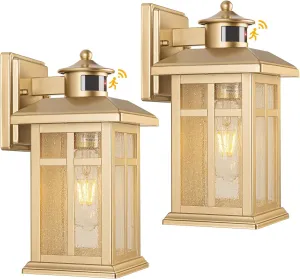 2-Pack Gold Exterior Motion Wall Sconces, Outdoor Waterproof Wall Light Fixtures Wall Mount, Dusk to Dawn Outside Lights for House with E26 Socket, Outside Lighting for Doorway, Garden, Home