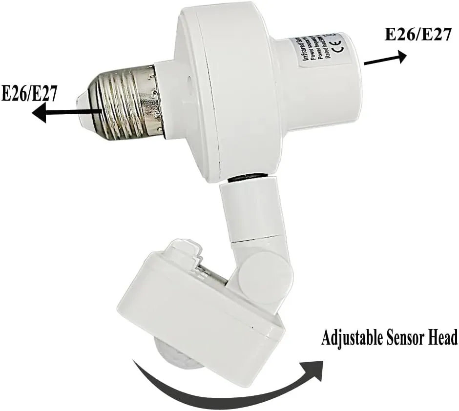 2 Pack Motion Sensor Light Sockets,Motion Activated Socket Adapter, E26/E27 Adjustable Sensor Head Security Light Bulb Socket for Garage,Hallway,Pantry Room,Laundry Room