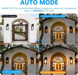 2-Pack Motion Sensor Outdoor Wall Lanterns, Upgrade Dusk to Dawn Exterior Wall Sconces, Waterproof Porch Light Fixtures Outside Lights for House Entryway Doorway Garage, PIR Motion Activated