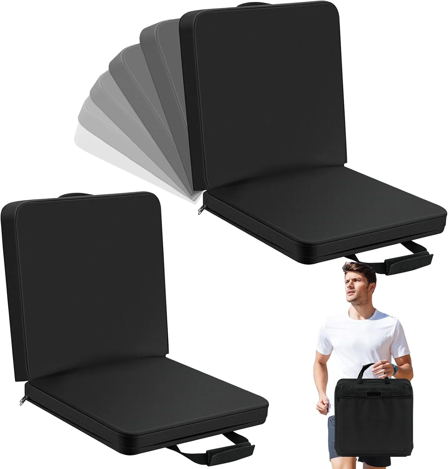 2 Pack Portable Stadium Seats with Back Support Black Bleacher Seats with Backs and Cushion Foldable Adjustable 6 Reclining Positions Folding Bleacher Seat with Shoulder Strap and Back Pocket