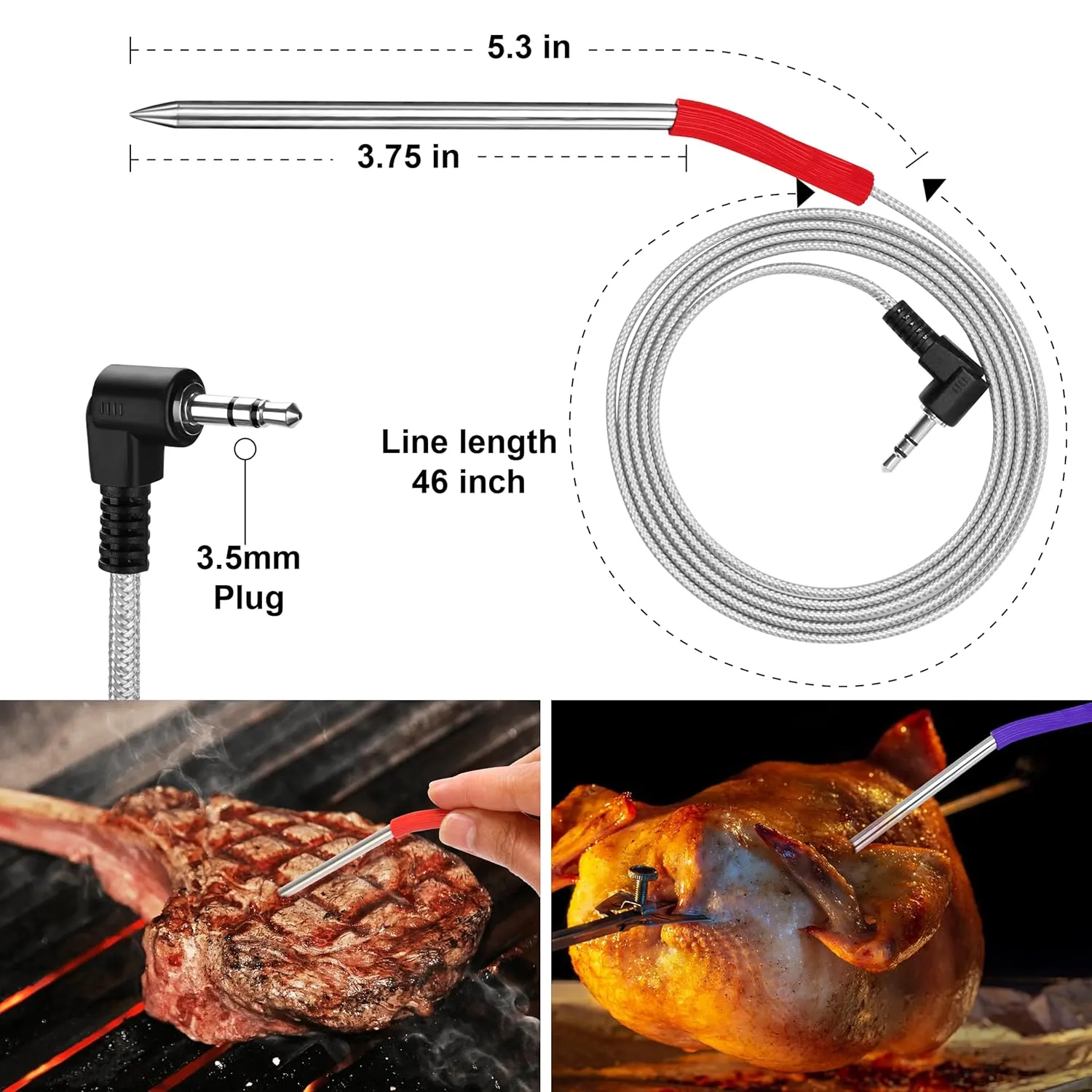 2-Pack Repalcement Meat Probe for Camp Chef Pellet Grill and Smoker, 3.5mm Plug Temperature Probe with Camp Chef Probe Clip Accessories