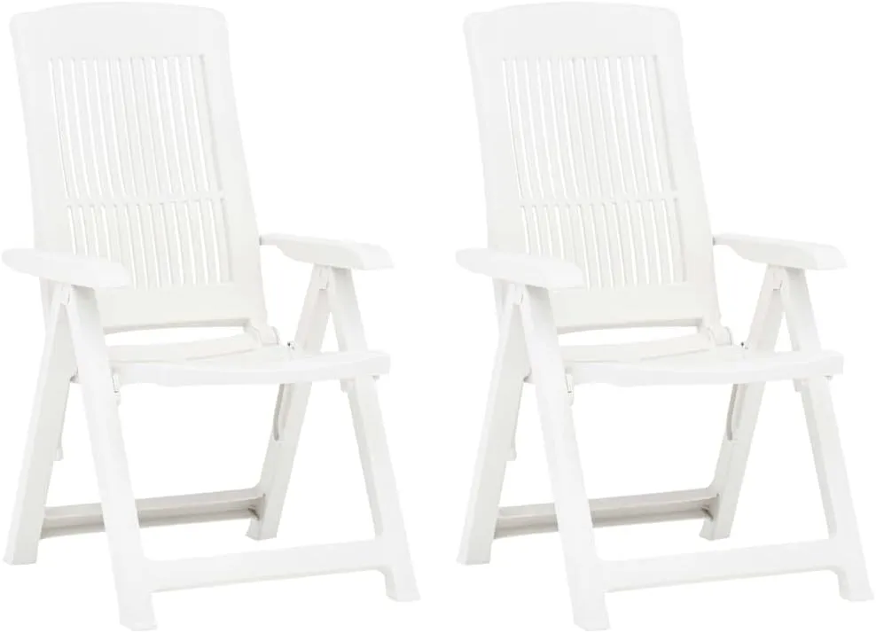 2-Pack White Plastic Reclining Patio Chairs with Adjustable Backrest, Foldable Outdoor Lounge Chairs for Poolside Sunbathing, Beach Camping and Backyard Relaxation
