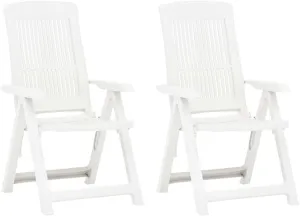 2-Pack White Plastic Reclining Patio Chairs with Adjustable Backrest, Foldable Outdoor Lounge Chairs for Poolside Sunbathing, Beach Camping and Backyard Relaxation
