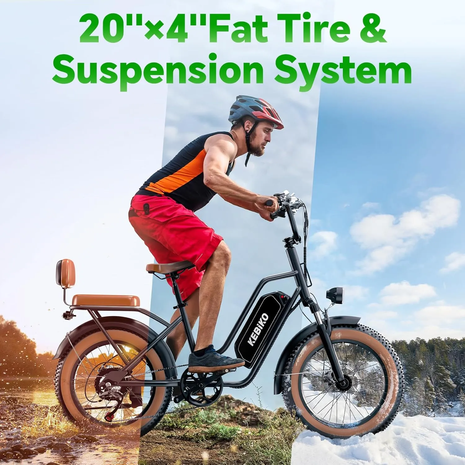 2 Seater Electric Bike, 48V 20AH(𝟗𝟔𝟎𝐖𝐇) Large Removable Battery, 𝟏𝟑𝟎𝟎𝐖 Peak Motor, 20"x 4.0" Fat Tire Ebike for Adults, 80 Miles Max,30 MPH, City Couple E Bike,with Folding Basket