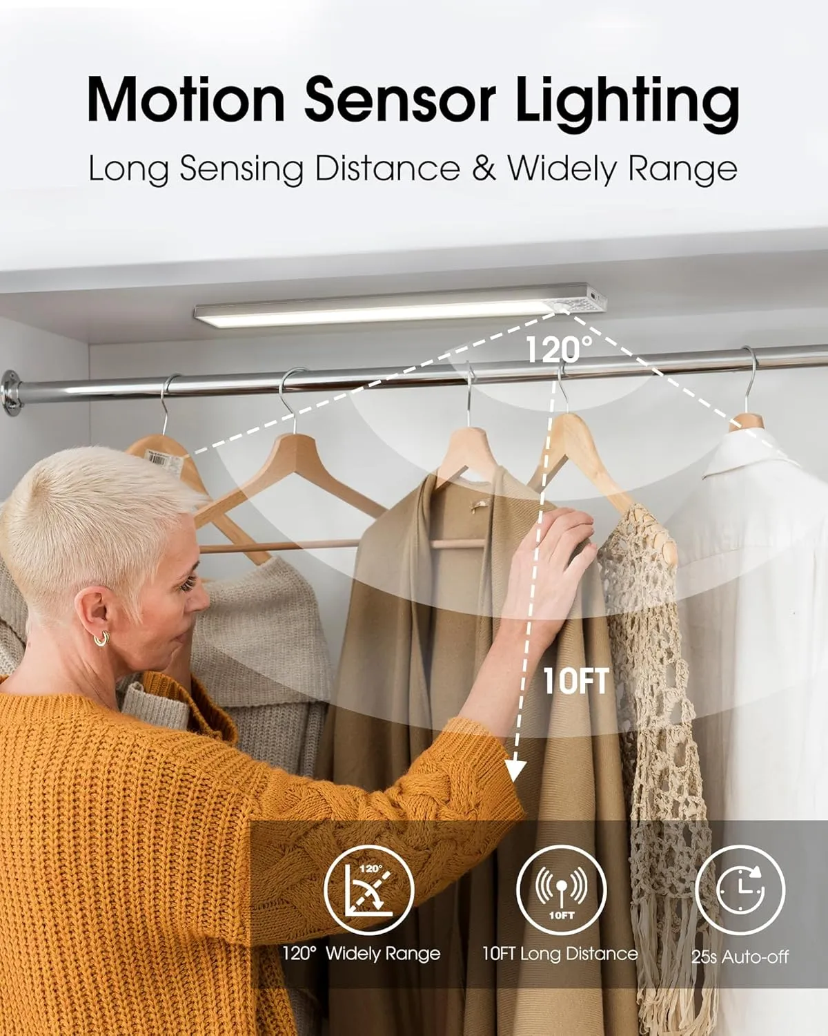 20 Inch Under Cabinet Lighting, 3Pack 5CCT Dimmable Closet Lights, Motion Sensor LED Lights of Battery Operated, Rechargeable Under Counter Light for Kitchen, Stairs, Bedroom, Wardrobe