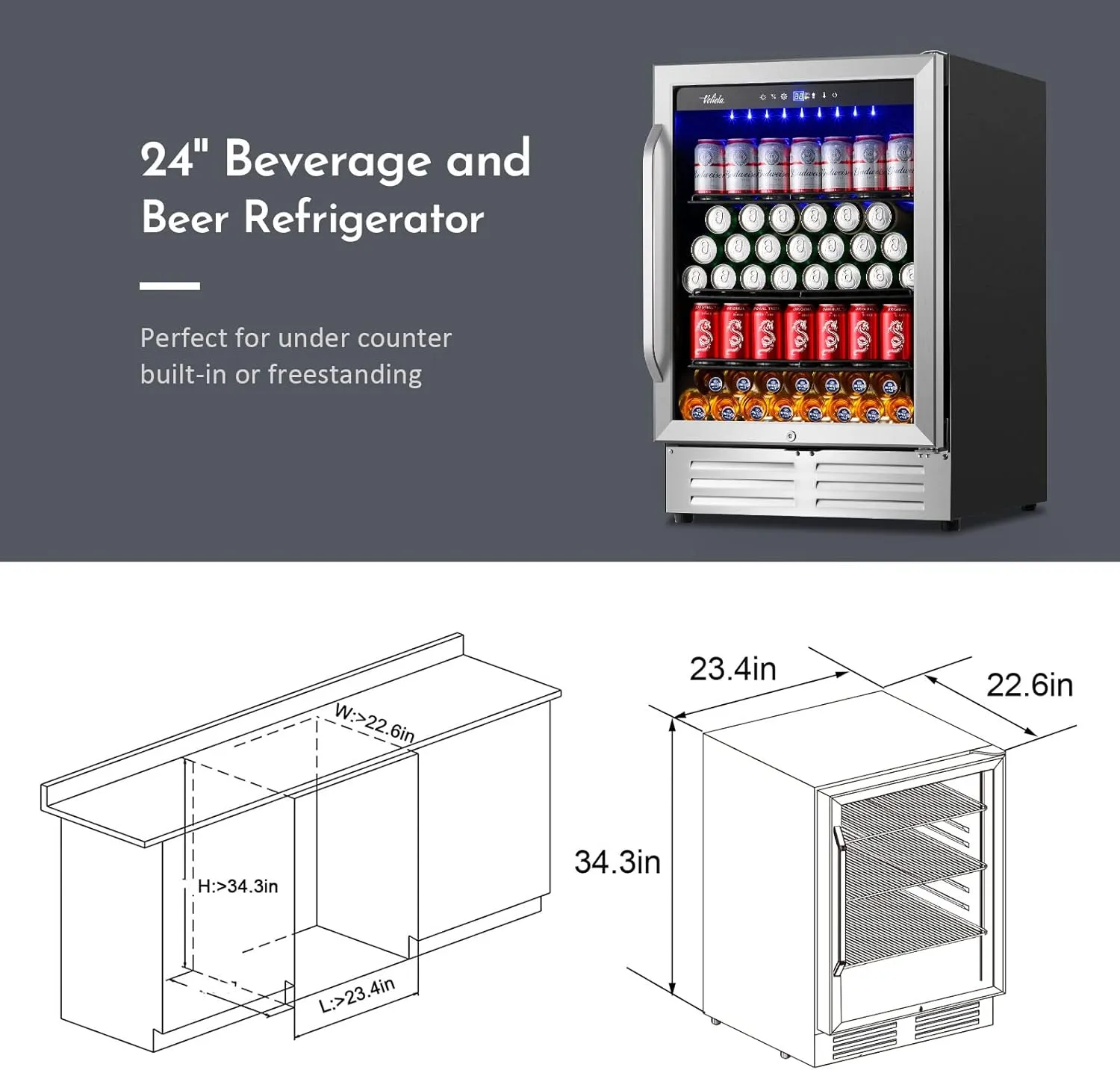 24 Inch Beverage Refrigerator Cooler,210 Cans Wide Beverage and Beer Fridge with Glass Door and Powerful Cooling Compressor, Built-in/Freestanding Drink Fridge for Kitchen, Bar or Office