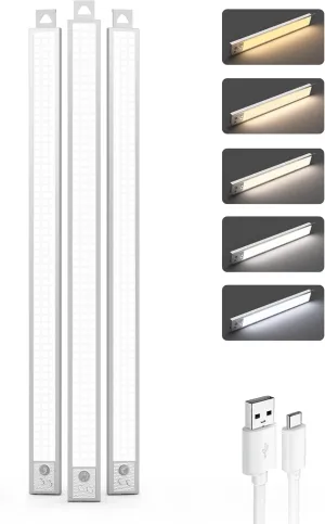 24 Inch Under Cabinet Lighting, 3Pack 5CCT Dimmable Closet Lights, Wireless Motion Sensor LED Lights of Battery Operated,Rechargeable Under Counter Light for Kitchen, Stairs, Bedroom, Wardrobe