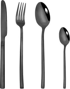24-Piece Mirror Black Flatware Set, 18/0 Stainless Steel Cutlery Set Service for 6, Tableware Utensils Include Knife Fork Spoon and Teaspoon, Dishwasher Safe