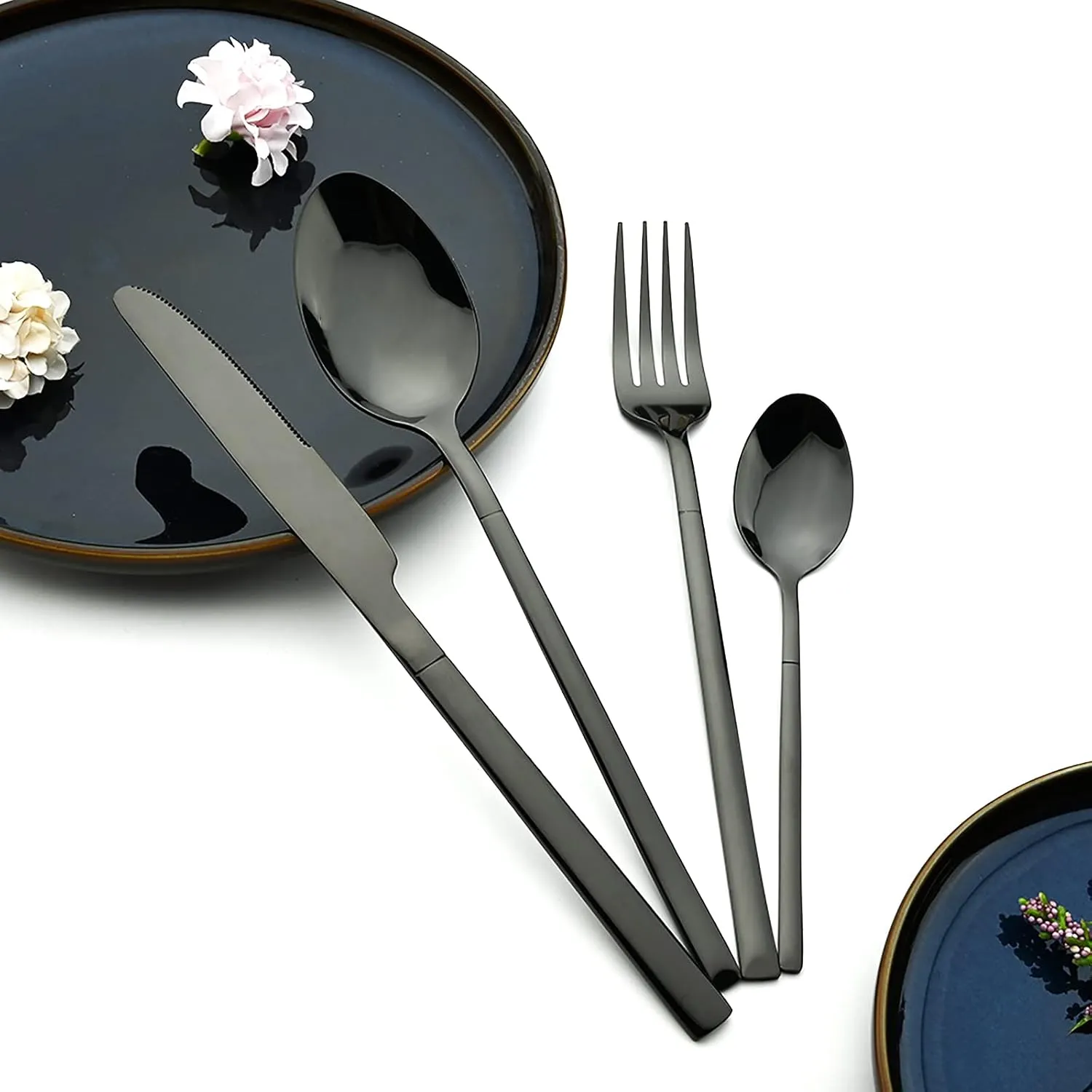 24-Piece Mirror Black Flatware Set, 18/0 Stainless Steel Cutlery Set Service for 6, Tableware Utensils Include Knife Fork Spoon and Teaspoon, Dishwasher Safe
