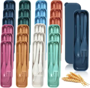 24 Sets Reusable Travel Utensils Set with Case, Wheat Straw Portable Knife Fork Spoons Cutlery, Eco-Friendly BPA Free Plastic Tableware for Kids Adults Travel Picnic Camping Utensils (8 Colors)