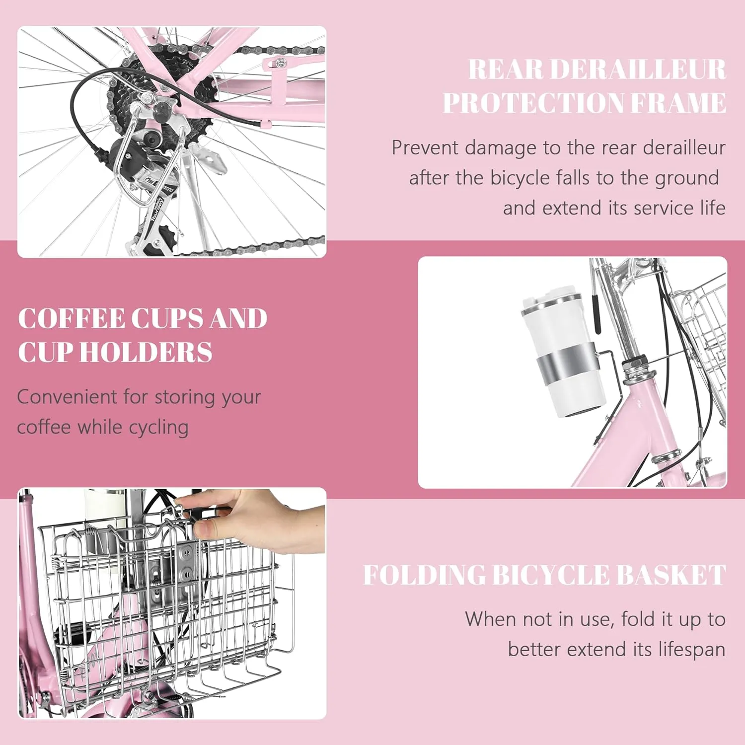24/26 Inch Beach Cruiser Bike for Women Folding Bikes, 7-Speed Womens Bike with Basket and Coffee Cup, Womens Foldable Bicycle Commuter Bikes for Adults, Adjustable Seat & Dual V-Type Brakes