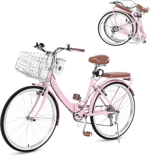 24/26 Inch Beach Cruiser Bike for Women Folding Bikes, 7-Speed Womens Bike with Basket and Coffee Cup, Womens Foldable Bicycle Commuter Bikes for Adults, Adjustable Seat & Dual V-Type Brakes