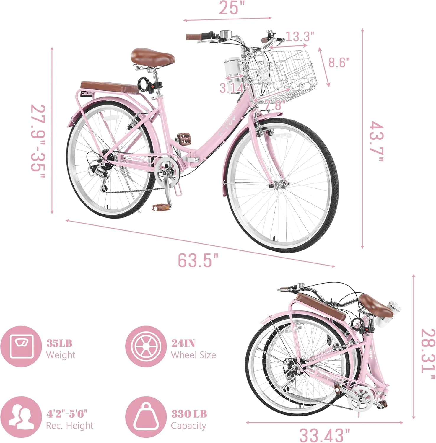 24/26 Inch Beach Cruiser Bike for Women Folding Bikes, 7-Speed Womens Bike with Basket and Coffee Cup, Womens Foldable Bicycle Commuter Bikes for Adults, Adjustable Seat & Dual V-Type Brakes