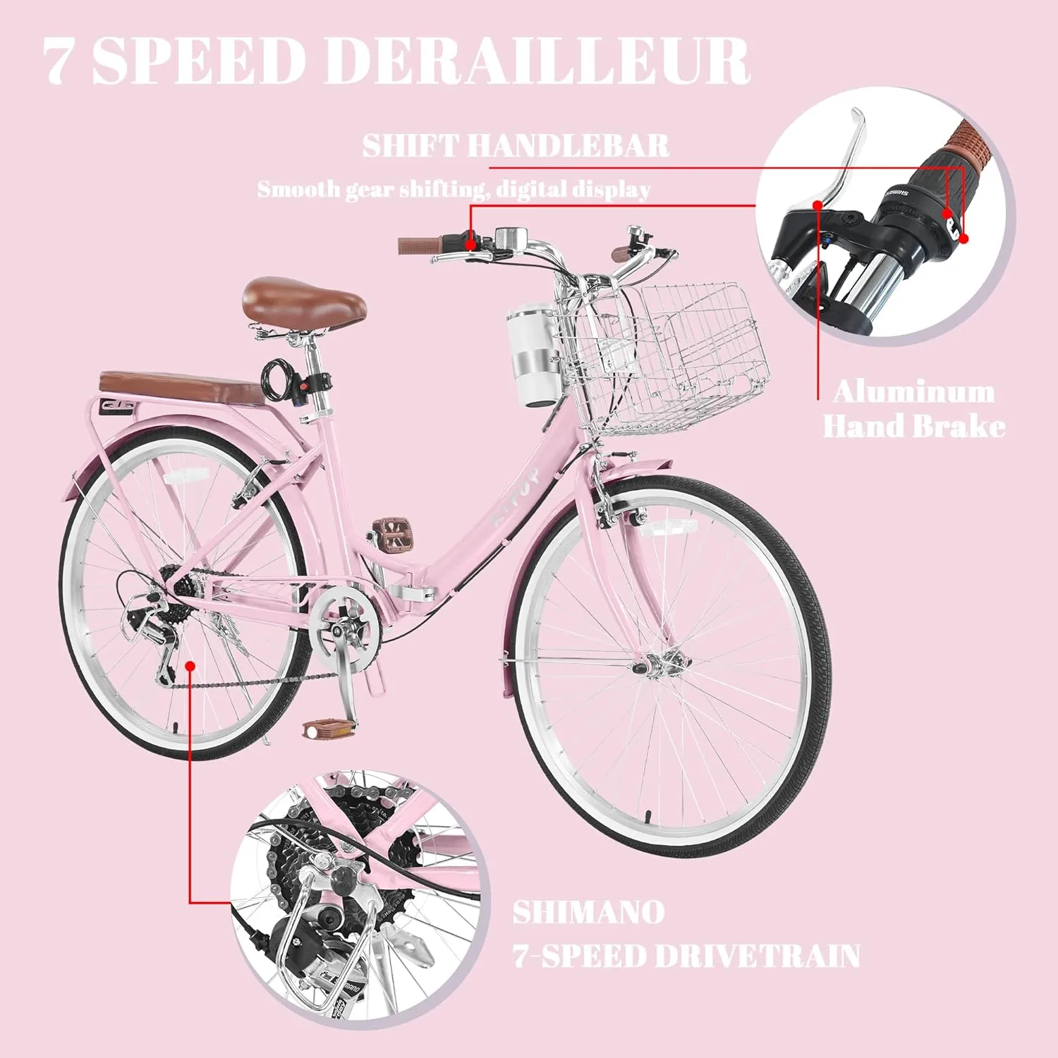 24/26 Inch Beach Cruiser Bike for Women Folding Bikes, 7-Speed Womens Bike with Basket and Coffee Cup, Womens Foldable Bicycle Commuter Bikes for Adults, Adjustable Seat & Dual V-Type Brakes