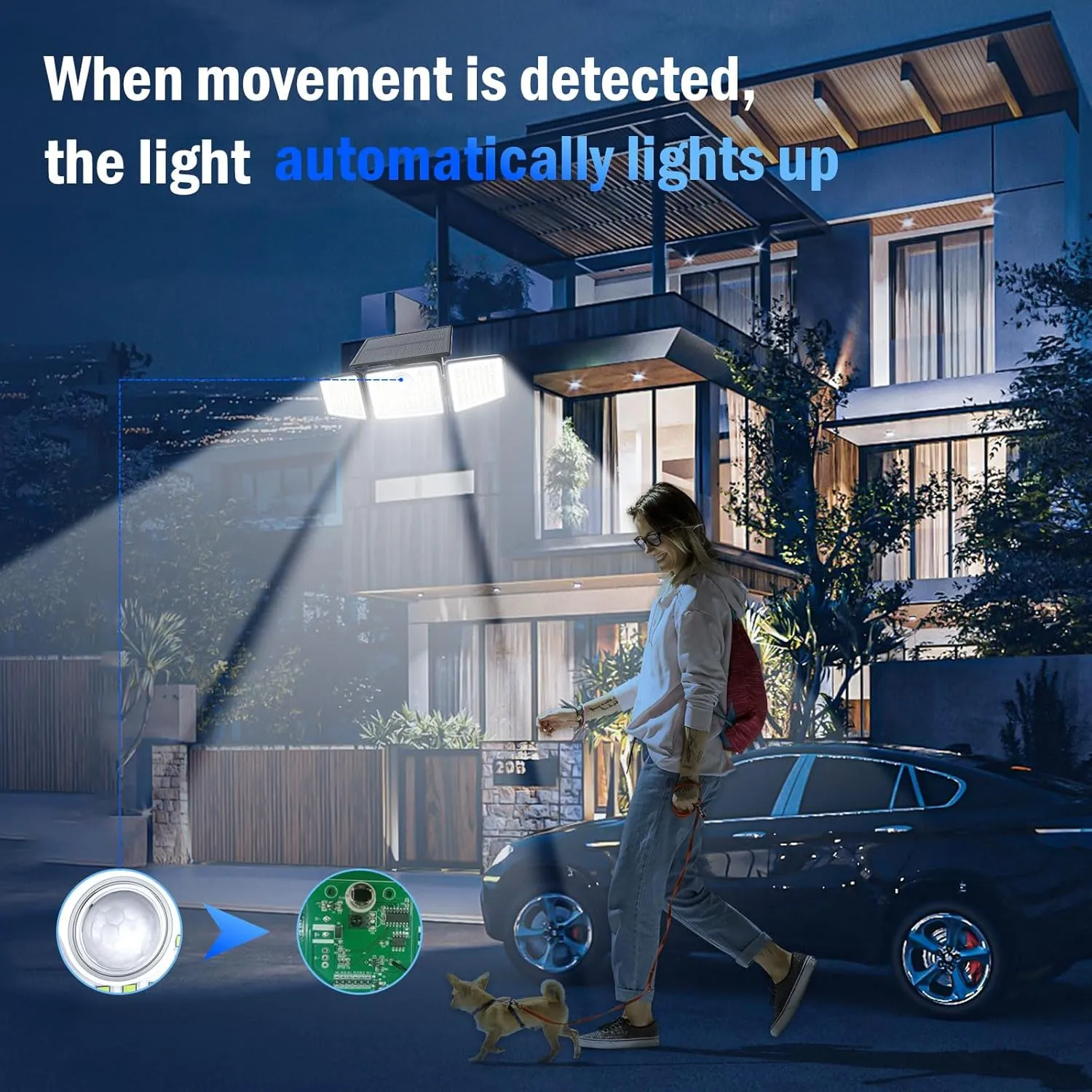 2500LM Solar Lights Outdoor with Motion Sensor,3 Head 270° Wide Angle Street Area Lights,IP65 Waterproof Security Lighting with 3 Modes(Non-Remote,2 Pcs)