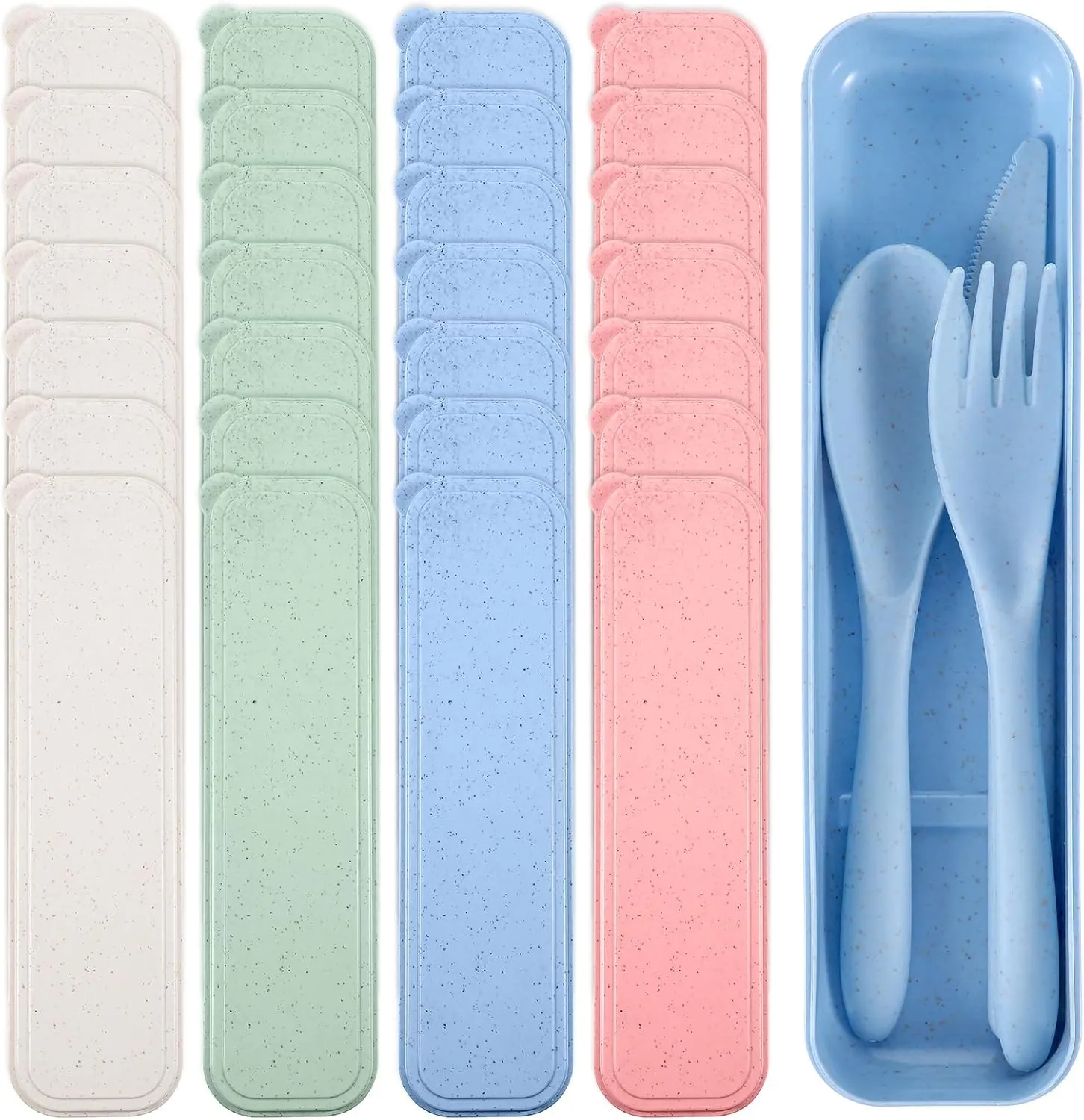28 Sets Reusable Travel Utensils Set with Case Wheat Straw Cutlery Portable Spoon Knife Fork Tableware Set Lunch Box Bulk for Operation Christmas Adults Travel Picnic