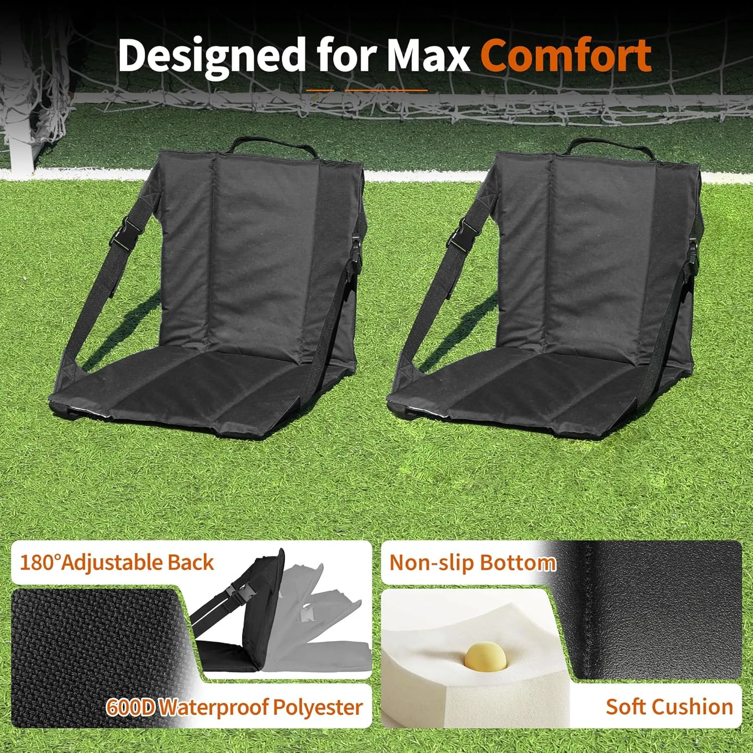 2PCS Portable Stadium Seat Cushion for Bleachers,Folding Lightweight Seat with Backrest,Adjustable Straps,Ideal for Camping,Hiking,Sports Events,Outdoor Concerts
