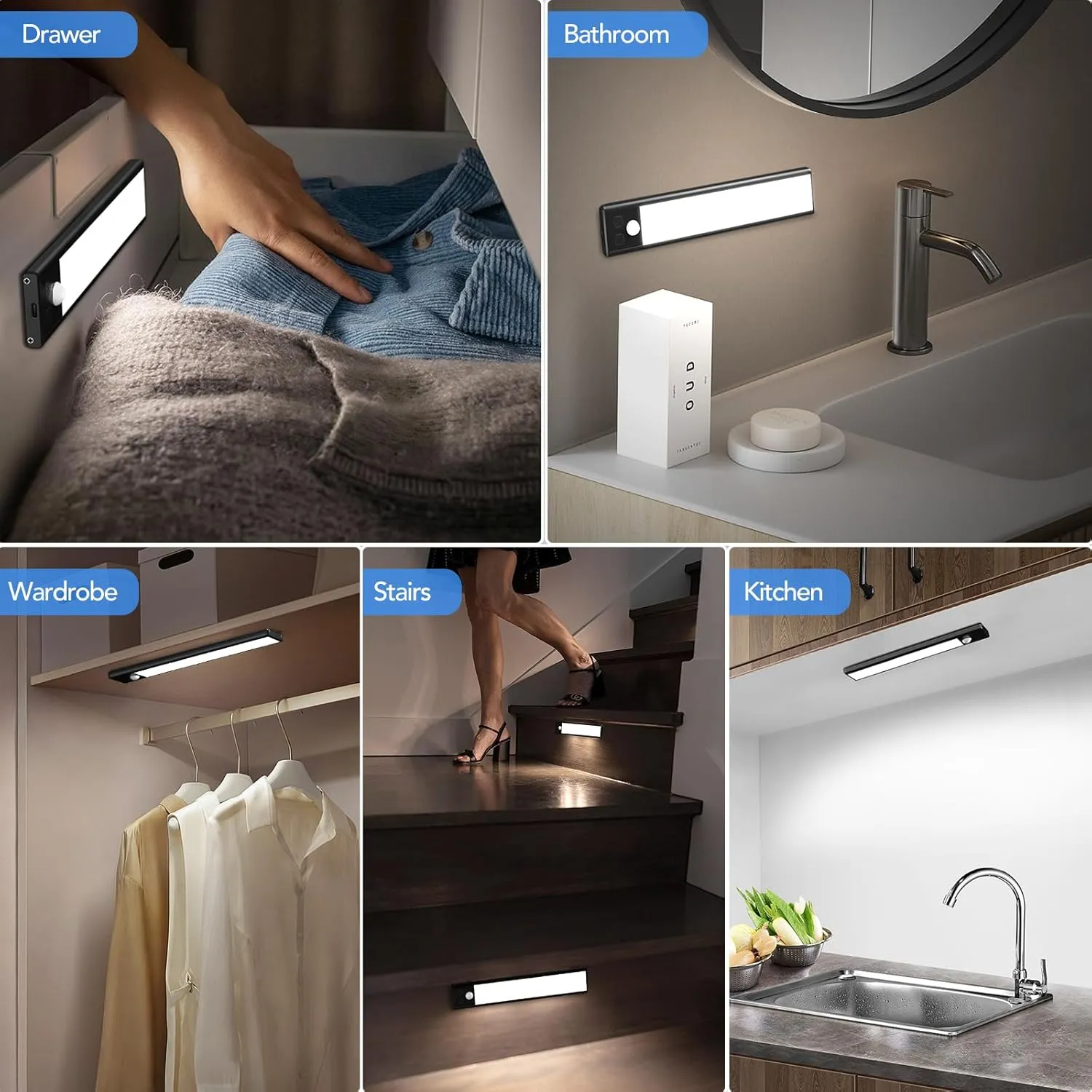 3 Pack Under Cabinet Lights, 32 LED Cold White Rechargeable Under Cabinet Lighting Motion Sensor LED Lights for Kitchen, Counter, Closet, Stairs (Black - Cold White Light, 8.07 Inch - 3 Pack)