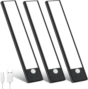 3 Pack Under Cabinet Lights, 32 LED Cold White Rechargeable Under Cabinet Lighting Motion Sensor LED Lights for Kitchen, Counter, Closet, Stairs (Black - Cold White Light, 8.07 Inch - 3 Pack)