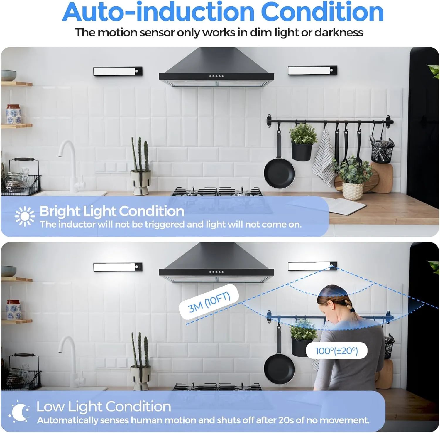 3 Pack Under Cabinet Lights, 32 LED Cold White Rechargeable Under Cabinet Lighting Motion Sensor LED Lights for Kitchen, Counter, Closet, Stairs (Black - Cold White Light, 8.07 Inch - 3 Pack)