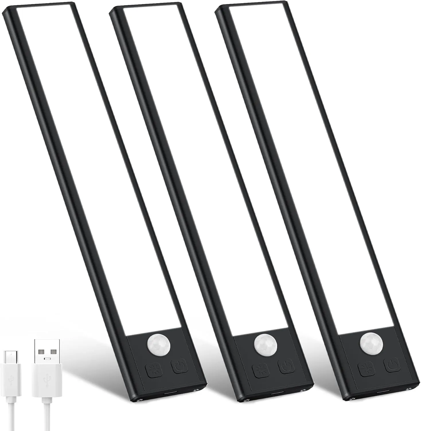 3 Pack Under Cabinet Lights, 32 LED Cold White Rechargeable Under Cabinet Lighting Motion Sensor LED Lights for Kitchen, Counter, Closet, Stairs (Black - Cold White Light, 8.07 Inch - 3 Pack)