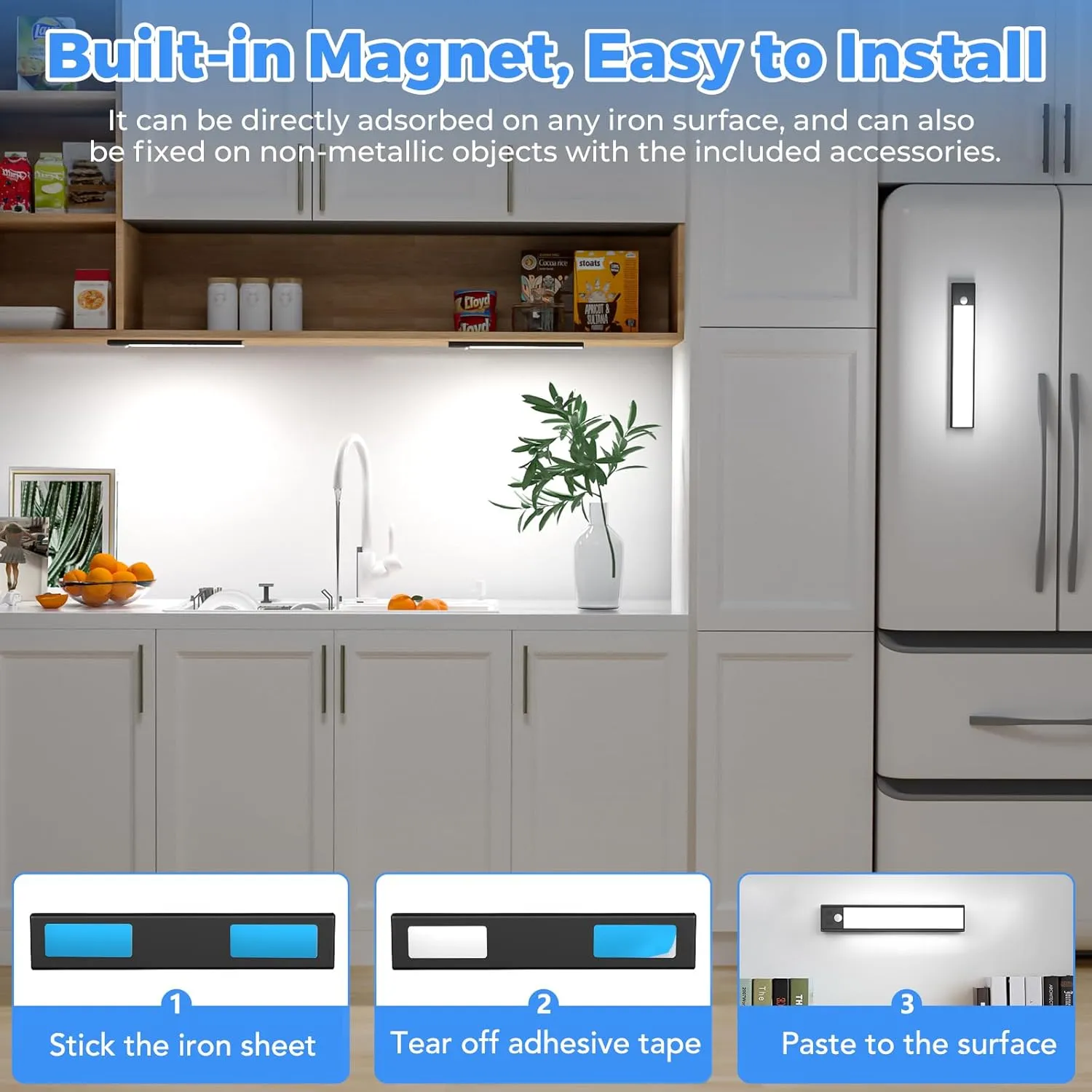 3 Pack Under Cabinet Lights, 32 LED Cold White Rechargeable Under Cabinet Lighting Motion Sensor LED Lights for Kitchen, Counter, Closet, Stairs (Black - Cold White Light, 8.07 Inch - 3 Pack)