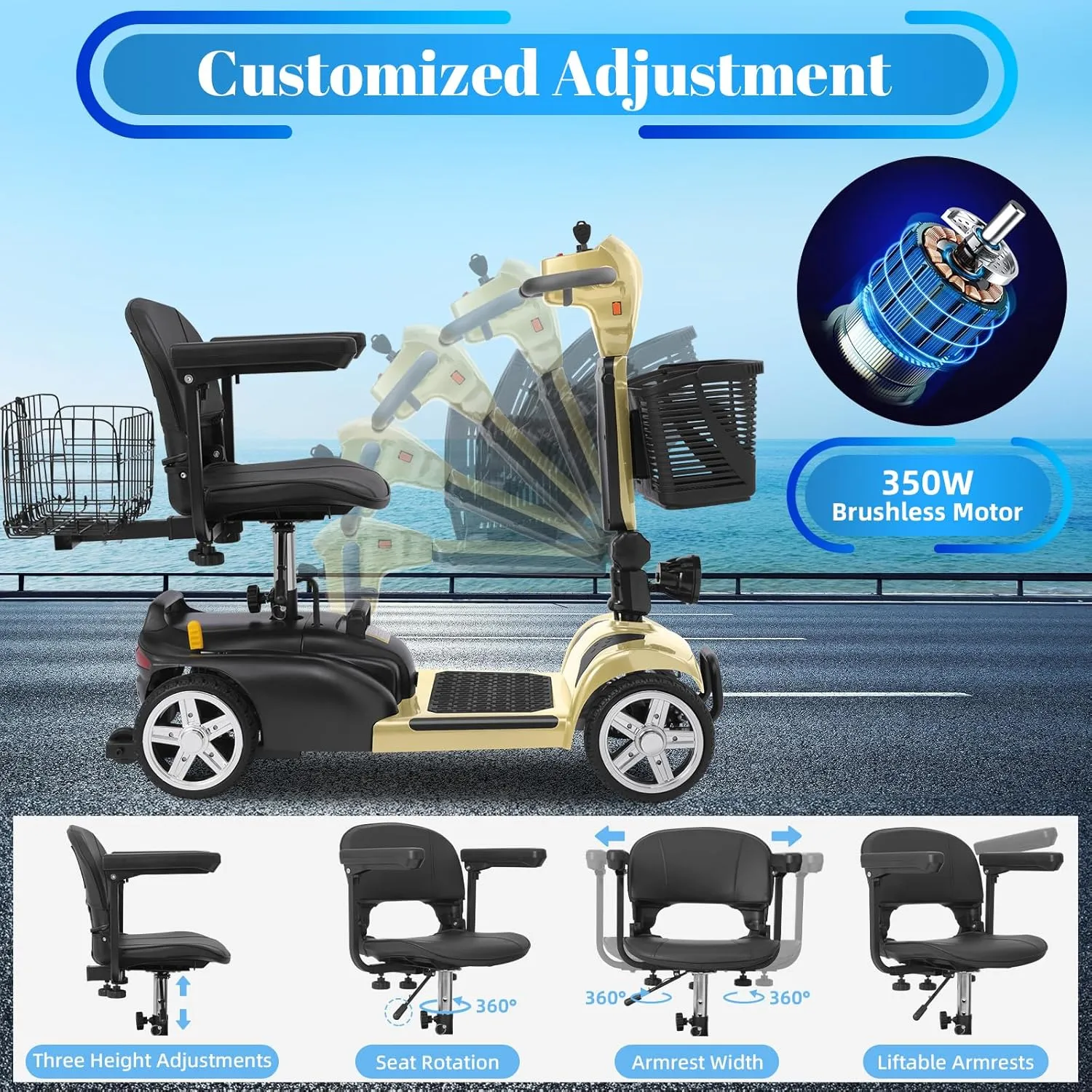 30-60 Miles Ecomobi MS02 Long Range 4 Wheels Electric Mobility Scooter for Adults/Seniors, 350W E-Wheelchair Device w/25Ah Extended Battery, Dual Baskets Compact Mobile for Travel(FSA/HSA Eligible)